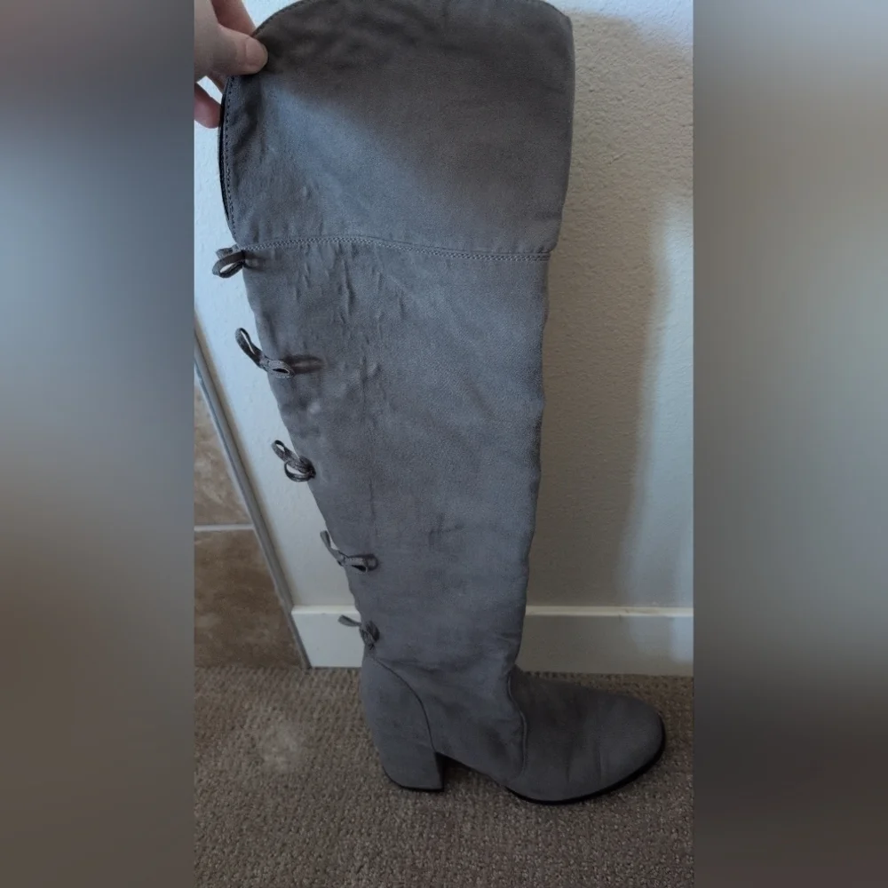 Charming Charlie Tall Bow Back Detail Grey Suede Heeled Boots